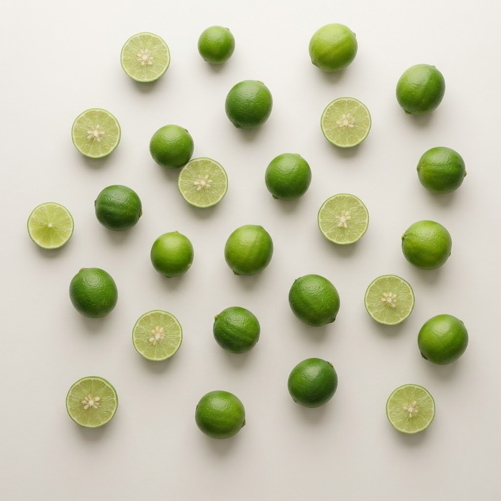 Fresh whole and halved key limes on a neutral background